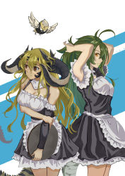 Rule 34 | 2girls, absurdres, alternate costume, antenna hair, apron, arknights, artist request, asymmetrical sleeves, bird, brown eyes, cowboy shot, crocodilian tail, detached sleeves, estelle (arknights), from side, gavial (arknights), green hair, highres, horns, maid, maid apron, multiple girls, tail, the elder scrolls, tray, tying hair, uneven sleeves, yellow eyes