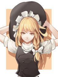 Rule 34 | 1girl, black hat, black vest, blonde hair, bow, braid, buttons, closed mouth, commentary request, hair bow, hat, highres, holding, holding clothes, holding hat, kirisame marisa, lips, long hair, looking at viewer, shirt, short sleeves, single braid, smile, solo, touhou, upper body, vest, white bow, white shirt, wudiyishileiyu, yellow eyes