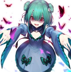 Rule 34 | bug, butterfly, commentary request, detached sleeves, double bun, fang, flat chest, gothic lolita, green hair, hair between eyes, hair bun, hair ornament, highres, hololive, insect, lolita fashion, luen kulo, open mouth, outstretched arms, red eyes, shaded face, short hair, simple background, solo, spread arms, uruha rushia, uruha rushia (1st costume), virtual youtuber, white background, yandere