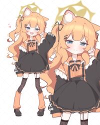 Rule 34 | 1girl, absurdres, alternate costume, alternate hairstyle, animal ear fluff, animal ears, black footwear, black skirt, black thighhighs, blue archive, blue eyes, blush, bow, bowtie, cat ears, closed mouth, halo, heart, highres, lattes2, leg warmers, long hair, long sleeves, mari (blue archive), multiple views, open mouth, orange hair, orange shirt, puffy long sleeves, puffy sleeves, shirt, shoes, skirt, smile, thighhighs, two side up, yellow halo
