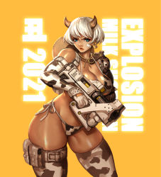 Rule 34 | 1girl, 2021, absurdres, animal print, armor, bandaid, bandaid on cheek, bandaid on face, bikini, blue eyes, breasts, chinese zodiac, cleavage, contrapposto, cow girl, cow horns, cow print, cowboy hat, cowgirl (western), ear tag, elbow gloves, english text, gloves, gun, hat, hat on back, highres, horns, large breasts, lips, long hair, looking at viewer, mittens, new year, nose, orange background, original, pauldrons, pouch, print bikini, print thighhighs, shiny skin, short hair, shoulder armor, side-tie bikini bottom, silver hair, single pauldron, solo, spaghetti strap, standing, submachine gun, swimsuit, thick thighs, thigh pouch, thighhighs, thighs, weapon, wei (kaminari0411), year of the ox