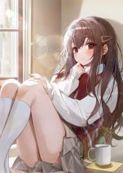 Rule 34 | 1girl, absurdres, blush, book, brown hair, closed mouth, cup, eumi 114, grey skirt, hair ornament, hairclip, hand up, highres, indoors, knees up, lens flare, long hair, long sleeves, looking at viewer, original, pleated skirt, red eyes, red vest, shirt, sitting, skirt, socks, solo, vest, white shirt, white socks, window