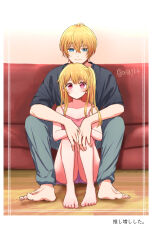 Rule 34 | 1boy, 1girl, asgykk, bare legs, barefoot, blonde hair, blush, brother and sister, collarbone, couch, hetero, highres, hoshino aquamarine, hoshino ruby, indoors, knees up, light smile, looking at another, looking at viewer, mismatched pupils, one side up, oshi no ko, siblings, sitting, star-shaped pupils, star (symbol), symbol-shaped pupils, translation request, twins, twitter username