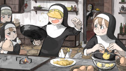 Rule 34 | 5girls, :&lt;, absurdres, banana, bird, blonde hair, blue eyes, bread, brown eyes, brown hair, chick, chicken, chili pepper, clumsy nun (diva), cupboard, diva (hyxpk), duck, egg, egg yolk, failure, fire, food, food on face, frog, froggy nun (diva), fruit, fruit bowl, frying pan, glasses, glasses nun (diva), grapes, grey eyes, grey hair, habit, highres, in the face, kitchen, little nuns (diva), loaf of bread, looking at another, multiple girls, nun, omelet, original, peeking, plate, round eyewear, running bond, sheep nun (diva), shelf, spicy nun (diva), stone floor, stone wall, stove, traditional nun, wall