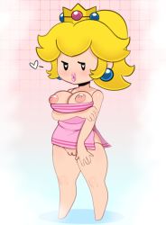Rule 34 | 1girl, absurdres, alternate hairstyle, arm under breasts, black eyes, blank eyes, blonde hair, blue background, breast hold, breasts, cleft of venus, clitoris, crown, earrings, eyelashes, heart, heart-shaped pupils, highres, inverted nipples, jewelry, jitome, legs, legs apart, lips, looking at viewer, mario (series), medium breasts, naked towel, nintendo, nipples, no feet, nude, paper mario, paper mario: the thousand year door, parted lips, pink background, pink lips, pink towel, princess peach, puckered lips, puffy nipples, pussy, shadow, short hair, solo, somescrub, standing, steam, symbol-shaped pupils, thick lips, thighs, towel, uncensored, wall, white background
