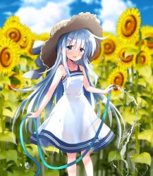 Rule 34 | 1girl, blue eyes, blurry, blurry background, blush, brown hat, cloud, commentary request, day, dress, flower, hat, hibiki (kancolle), highres, hizuki yayoi, holding, holding hose, hose, kantai collection, long hair, open mouth, outdoors, rainbow, silver hair, sky, solo, sun hat, sunflower, water, white dress, yellow flower