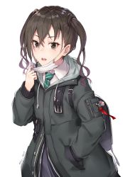 Rule 34 | 1girl, backpack, bag, black cola, black jacket, brown eyes, brown hair, collared shirt, commentary request, diagonal-striped neckwear, green necktie, grey skirt, hair between eyes, hand in pocket, hand up, highres, idolmaster, idolmaster cinderella girls, jacket, long hair, long sleeves, mask, mask pull, mole, mole under eye, mouth mask, necktie, parted lips, pleated skirt, pulling own clothes, sharp teeth, shirt, signature, simple background, skirt, sleeves past wrists, solo, striped necktie, striped neckwear, sunazuka akira, surgical mask, teeth, twintails, upper body, white background, white shirt