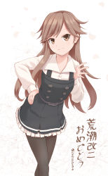 Rule 34 | 10s, 1girl, arashio (kancolle), arashio kai ni (kancolle), belt, black dress, black pantyhose, black vest, brown eyes, brown hair, commentary request, dress, frilled dress, frills, hand on own hip, highres, kantai collection, long hair, long sleeves, looking at viewer, pantyhose, rence (mjyoon1452), rens (pixiv), school uniform, shirt, solo, translation request, vest, white background, white shirt