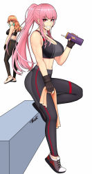 Rule 34 | 2girls, bare shoulders, breasts, cleavage, drink, from side, highres, holding, holding drink, hololive, hololive english, large breasts, long hair, midriff, mori calliope, multiple girls, navel, orange eyes, pants, pink eyes, pink hair, ponytail, ryu seung, shoes, sidelocks, simple background, smile, sneakers, sports bra, sportswear, takanashi kiara, toned, towel, virtual youtuber, yoga pants