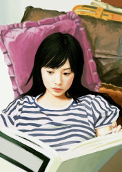 Rule 34 | 1girl, black eyes, black hair, book, frilled pillow, frills, from above, holding, holding book, looking away, open book, original, photorealistic, pillow, reading, realistic, red lips, shirt, short sleeves, solo, striped clothes, striped shirt, swept bangs, t-shirt, tamaru tokihiko, upper body