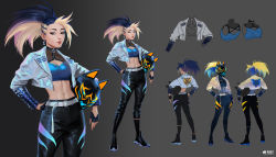 Rule 34 | 1girl, akali, blonde hair, character request, clothing request, commentary, dress, earrings, english commentary, english text, grey background, highres, jacket, jason chan, jewelry, k/da (league of legends), league of legends, long hair, looking at viewer, multicolored hair, official alternate costume, pink hair, purple hair, shoes, simple background, tagme