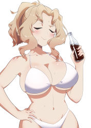 Rule 34 | 1girl, absurdres, bikini, blonde hair, blush, breasts, cleavage, closed eyes, closed mouth, coke bottle, collarbone, girls und panzer, hand on own hip, highres, kay (girls und panzer), large breasts, long hair, navel, shiny skin, simple background, solo, swimsuit, tenpura32200, white background, white bikini
