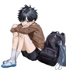 Rule 34 | 1boy, absurdres, arms on knees, bandaid, bandaid on cheek, bandaid on face, bandaid on knee, bandaid on leg, black bag, black eyes, black hair, black shorts, brown shirt, bruise, chamuring, child, crossed arms, from side, full body, gauze on leg, go haejun, highres, injury, legs, looking at viewer, male focus, no home (manhwa), on floor, parted bangs, pouch, shirt, short hair, shorts, simple background, sitting, snot, socks, solo, tearing up, white socks