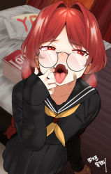 Rule 34 | 1girl, absurdres, ahoge, bandaid, bandaid on face, bed, black sailor collar, black skirt, blush, braid, condom box, from above, glasses, highres, jewelry, long hair, long sleeves, looking to the side, meettheton, mouth pull, neckerchief, okamoto condoms, open mouth, oral invitation, original, pleated skirt, pointy ears, red eyes, red hair, ring, round eyewear, sailor collar, saliva, school uniform, serafuku, skirt, sleeves past wrists, solo, teeth, tongue, tongue out, twin braids, uvula, yellow neckerchief, yes-no pillow