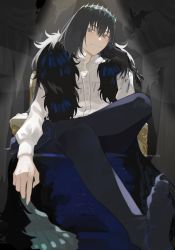 Rule 34 | 1boy, :|, alternate hair color, arthropod boy, black hair, black pants, chair, cloak, closed mouth, collared shirt, commentary, crossed legs, crown, diamond hairband, fate/grand order, fate (series), fur-trimmed cloak, fur collar, fur trim, highres, insect wings, light blush, light particles, long sleeves, looking at viewer, male focus, medium hair, oberon (fate), oberon (third ascension) (fate), official alternate costume, pants, romo827, shirt, sitting, solo, spoilers, twitter username, white shirt, wings