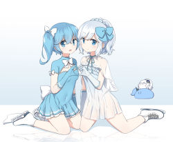 Rule 34 | 2girls, absurdres, alternate costume, blue dress, blue eyes, blue hair, blue headwear, bow, bowtie, capelet, cleavage cutout, clothing cutout, dress, flat chest, gloves, hair bow, highres, ice skates, ice skating, kneeling, lizi, looking at viewer, multiple girls, pantyhose, reflection, see-through, side ponytail, sigsbee (warship girls r), silver hair, skates, skating, u47 (warship girls r), warship girls r
