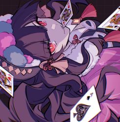 Rule 34 | 1girl, black background, black corset, black hair, bonnet, breasts, capelet, card, card in mouth, commentary, corset, english commentary, genshin impact, highres, long hair, looking at viewer, looking back, mao (expuella), medium breasts, mouth hold, multicolored clothes, multicolored headwear, pink capelet, playing card, red eyes, simple background, slit pupils, smile, solo, twitter username, upper body, yun jin (genshin impact)