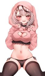 Rule 34 | 1girl, black collar, black hair, black panties, black thighhighs, blush, braid, breasts, choker, cleavage, cleavage cutout, clothing cutout, collar, covered erect nipples, cropped hoodie, frills, grey hair, hair ornament, hands up, heart cutout, highres, hololive, hood, hoodie, lace, lace-trimmed panties, lace trim, looking at viewer, medium breasts, medium hair, multicolored hair, nail polish, namagome negi, navel, no bra, open mouth, panties, pink hoodie, red eyes, red nails, sakamata chloe, side-tie panties, simple background, smile, solo, stomach, streaked hair, tearing up, thighhighs, underwear, virtual youtuber, white background, x hair ornament