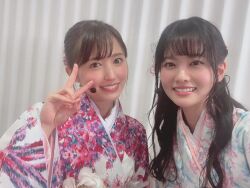Rule 34 | 2girls, aida rikako, japanese clothes, kimono, looking at viewer, multiple girls, oonishi aguri, photo (medium), smile, standing, voice actor