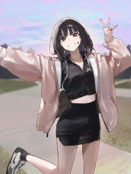 Rule 34 | 1girl, absurdres, black hair, black shirt, black skirt, blush, bob cut, collarbone, crop top, facepaint, fingernails, grin, highres, jacket, looking at viewer, mac star, midriff, nail polish, original, outdoors, partially unzipped, pink jacket, pinky out, shirt, shoes, skirt, smile, sneakers, solo, standing, standing on one leg, v