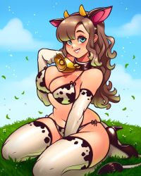 Rule 34 | 1girl, absurdres, animal ears, animal print, bell, bikini, black footwear, blue eyes, blush, brown hair, character request, copyright request, cow ears, cow horns, cow print, cow print bikini, cow tail, elbow gloves, gloves, grin, high heels, highres, horns, lips, looking at viewer, navel, neck bell, parted lips, print bikini, ravenousruss, side-tie bikini bottom, skindentation, smile, solo, swimsuit, tail, teeth, thighhighs, wavy hair, white thighhighs
