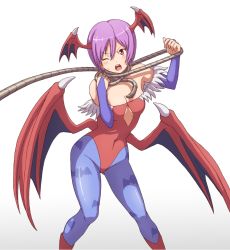 Rule 34 | 1girl, bare shoulders, bat wings, blush, female focus, head wings, leotard, lilith aensland, one eye closed, open mouth, pink hair, red eyes, rope, short hair, simple background, solo, vampire (game), white background, wince, wings, wink, you (maumauyo)