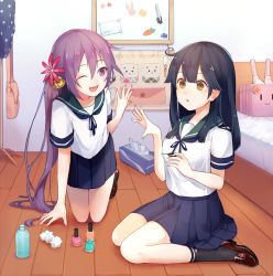 Rule 34 | 10s, 2girls, :o, ;d, af-helen, ahoge, akebono (kancolle), applying manicure, aqua nails, arm support, bag, bed, bedroom, bell, black hair, black legwear, blouse, blue skirt, brown eyes, brown footwear, flower, hair bell, hair flower, hair ornament, highres, indoors, jingle bell, kantai collection, key, kneeling, loafers, long hair, looking at another, multiple girls, nail polish, nail polish bottle, on floor, one-piece swimsuit, one eye closed, open mouth, outstretched hand, painting nails, pink nails, pleated skirt, polka dot, polka dot swimsuit, purple eyes, purple hair, room, school uniform, seiza, serafuku, shirt, shoes, short sleeves, shoulder bag, side ponytail, sitting, skirt, smile, socks, swimsuit, tissue box, turret, unworn swimsuit, used tissue, ushio (kancolle), very long hair, wariza, white shirt, wooden floor