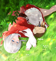 Rule 34 | 1girl, absurdres, aki uzuki3, apron, baguette, blue eyes, bottle, bread, cape, capelet, food, frilled skirt, frills, highres, hood, hooded cape, hooded capelet, little red riding hood, little red riding hood (grimm), long sleeves, lying, on ground, on side, original, picnic basket, puffy long sleeves, puffy sleeves, red cape, red skirt, skirt, smile, white hair