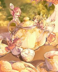 Rule 34 | &gt; &lt;, 4girls, antennae, barefoot, blonde hair, blue eyes, braid, brown eyes, brown hair, clip studio paint (medium), closed eyes, cup, day, dress, fairy, fairy wings, flipped hair, floating hair, flower, flying, food, green hair, holding, holding food, holding lid, holding spoon, long hair, looking at another, mini person, minigirl, multiple girls, original, oxoxovo, pink hair, plate, pointy ears, purple eyes, red flower, red rose, rose, saucer, scone, sitting, spoon, steam, sugar cube, sundress, tea, tea party, tea set, teacup, teapot, transparent wings, twin braids, twintails, vase, white dress, wings