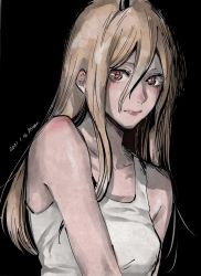 Rule 34 | + +, 1girl, artist name, black background, blonde hair, breasts, chainsaw man, closed mouth, commentary, cross-shaped pupils, dated, demon horns, expressionless, hair between eyes, highres, horns, lips, long hair, looking at viewer, matsumotoasumu, medium breasts, power (chainsaw man), red eyes, signature, simple background, sleeveless, solo, straight hair, symbol-shaped pupils, tank top, upper body, white tank top