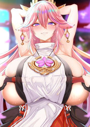 Rule 34 | 1girl, animal ears, armpits, arms up, bare shoulders, blush, breast press, breasts, chomikuplus, fox ears, fox girl, genshin impact, hair between eyes, hair ornament, half-closed eyes, highres, holding, holding weapon, huge breasts, japanese clothes, looking at viewer, miko, seductive smile, sideboob, smile, staff, sweat, upper body, weapon, yae miko