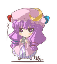 1girl :&lt; book chibi crazy_developers female_focus full_body hat long_hair patchouli_knowledge purple_eyes purple_hair simple_background solo touhou