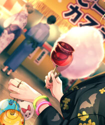 Rule 34 | 1girl, black kimono, blurry, blurry background, bracelet, candy, candy apple, check commentary, commentary request, cotton candy, floral print kimono, food, green bracelet, head out of frame, holding, holding candy, holding food, hololive, japanese clothes, jewelry, kimono, long sleeves, pink bracelet, summer festival, virtual youtuber, yozora mel, yugaa