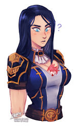 Rule 34 | 2girls, ?, arcane: league of legends, arcane caitlyn, arcane vi, artist name, ascot, blue eyes, blue hair, breast pocket, breasts, caitlyn (league of legends), cleavage, cropped arms, cropped torso, highres, iahfy, league of legends, light blush, long hair, looking at another, mini person, minigirl, multiple girls, patreon username, pocket, simple background, twitter username, vi (league of legends)