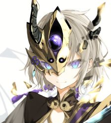Rule 34 | 1boy, bad id, bad twitter id, blue eyes, broken mask, fake horns, fate/grand order, fate (series), prince of lan ling (fate), hair between eyes, horned headwear, horned mask, horns, looking at viewer, male focus, mask, narue, short hair, silver hair, simple background, smile, solo, white background