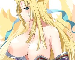 Rule 34 | 1girl, animal ears, blonde hair, blue eyes, breasts, fox ears, highres, kitsune, large breasts, long hair, looking at viewer, looking to the side, nipples, off shoulder, omachi, rance (series), sengoku rance, sicosour2, simple background, solo, white background