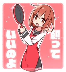 Rule 34 | 1girl, anchor symbol, apron, black sailor collar, black skirt, border, brown hair, commentary request, cowboy shot, cropped legs, fang, frying pan, hair ornament, hairclip, ikazuchi (kancolle), kantai collection, neckerchief, pleated skirt, red apron, red background, red neckerchief, sailor collar, school uniform, serafuku, short hair, skin fang, skirt, solo, translation request, white border, yoru nai