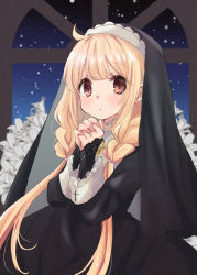 Rule 34 | 1girl, ahoge, black dress, blonde hair, blush, braid, brown eyes, commentary request, cross, dress, flower, futaba anzu, habit, hands up, highres, idolmaster, idolmaster cinderella girls, idolmaster cinderella girls starlight stage, latin cross, long hair, long sleeves, low twintails, nun, own hands clasped, own hands together, parted lips, rino cnc, sleeves past wrists, solo, traditional nun, twintails, very long hair, white flower, window