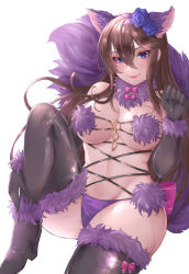 Rule 34 | 1girl, blush, breasts, brown hair, cat lingerie, cleavage, commentary, cosplay, flower, granblue fantasy, hair flower, hair ornament, highres, joshjostar0729, large breasts, long hair, looking at viewer, mash kyrielight, mash kyrielight (cosplay), mash kyrielight (dangerous beast), mash kyrielight (dangerous beast) (cosplay), meme attire, official alternate costume, purple eyes, rosetta (granblue fantasy), simple background, sitting, smile, solo, thighs, white background