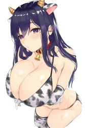 Rule 34 | 1girl, absurdres, alice gear aegis, animal ears, animal print, arms under breasts, bell, bikini, black hair, blush, breasts, cleavage, collar, cow ears, cow horns, cow print, from above, hair between eyes, highres, horns, kagome misaki, kurozukin (th krz 890), large breasts, long hair, looking at viewer, mole, mole on breast, neck bell, parted lips, purple eyes, red collar, simple background, solo, straight hair, swimsuit, thighhighs, white background
