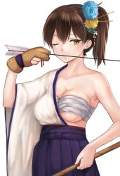 Rule 34 | 10s, 1girl, arrow (projectile), bow (weapon), breasts, brown eyes, brown hair, cleavage, fukuroumori, gloves, hair ornament, highres, impossible clothes, japanese clothes, kaga (kancolle), kantai collection, long hair, matching hair/eyes, one eye closed, partially fingerless gloves, partly fingerless gloves, side ponytail, single glove, solo, weapon, yugake