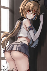 Rule 34 | 1girl, ass, black panties, black ribbon, blonde hair, blue skirt, brown hair, cosplay, crop top, eckert&amp;eich, elbow gloves, from behind, gloves, hair ornament, hair ribbon, hairclip, highleg, highleg panties, highres, kantai collection, long hair, looking back, low twintails, miniskirt, one-hour drawing challenge, panties, pleated skirt, red eyes, ribbon, shimakaze (kancolle), shimakaze (kancolle) (cosplay), signature, skirt, solo, tashkent (kancolle), thighhighs, twintails, twitter username, underwear, white gloves