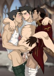 Rule 34 | 3boys, age difference, anal, ass, avatar legends, bara, black hair, bolin, bottomless, brothers, cum, cum in ass, cumdrip, drooling, ejaculating while penetrated, ejaculation, erection, family, group sex, happy sex, incest, kiss, licking, male focus, male penetrated, multiple boys, naughty face, penis, saliva, sex, siblings, the legend of korra, tongue, yaoi