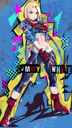 Rule 34 | 1girl, aqua eyes, black gloves, black pants, blonde hair, blue background, blue jacket, boots, breasts, cammy white, cat, character name, clenched hand, crop top, cropped jacket, fer yoshimiya, fingerless gloves, full body, gloves, highres, jacket, linea alba, navel, pants, pink lips, red footwear, red gloves, scar, scar on face, shadow, short hair, skin tight, small breasts, solo, street fighter, street fighter 6