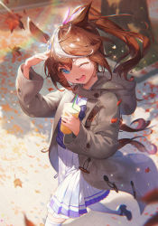 Rule 34 | 1girl, animal ears, black footwear, blue eyes, brown hair, brown jacket, cup, disposable cup, drinking straw, flat chest, from above, hair ribbon, head tilt, highres, holding, holding cup, hood, hooded jacket, horse ears, horse girl, horse tail, jacket, keto cactus, looking at viewer, multicolored hair, one eye closed, open mouth, ponytail, purple shirt, ribbon, school uniform, shirt, shoes, skirt, smile, solo, streaked hair, tail, thighhighs, tokai teio (umamusume), tracen school uniform, umamusume, walking, white hair, white skirt, white thighhighs