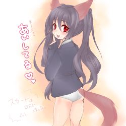 Rule 34 | 1girl, aimi1129, animal ears, ass, bad id, bad pixiv id, black hair, dog ears, elin, from behind, highres, jacket, long hair, looking back, no pants, panties, red eyes, smile, solo, tail, tera online, twintails, underwear