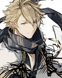 Rule 34 | 1boy, ahoge, aladdin (sinoalice), bad id, bad pixiv id, blonde hair, blue eyes, closed eyes, fukuda935, japanese clothes, kimono, looking at viewer, male focus, open clothes, scarf, short hair, sinoalice, sketch, smile, solo, white background