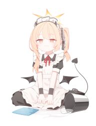 Rule 34 | 1girl, absurdres, aimpoleume, alternate costume, apron, black dress, black horns, black tail, black wings, blonde hair, blue archive, bucket, crying, crying with eyes open, demon horns, demon tail, demon wings, dress, enmaided, frilled apron, frills, halo, highres, horns, ibuki (blue archive), maid, maid apron, maid headdress, open mouth, pointy ears, puffy short sleeves, puffy sleeves, short sleeves, side ponytail, simple background, solo, tail, tears, white apron, white background, wings, yellow eyes, yellow halo