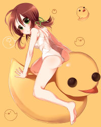 Rule 34 | 1girl, ass, bad id, bad pixiv id, brown hair, from behind, green eyes, long hair, looking back, nakahashi mizuki, one-piece swimsuit, original, oversized object, rubber duck, school swimsuit, simple background, sitting, solo, swimsuit, wet, wet clothes, wet swimsuit, white one-piece swimsuit, white school swimsuit, yellow background