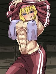 Rule 34 | 1girl, :p, abs, alice margatroid, alternate costume, armpits, arms up, blonde hair, blue eyes, blush, bottomless, breasts, closed mouth, commentary request, contrapposto, cookie (touhou), covered erect nipples, covering privates, cowboy shot, frilled hairband, frills, hair between eyes, hairband, looking at viewer, medium breasts, meow25meow, muscular, muscular female, naked towel, non-repeating animation, nude cover, pants, pink hairband, red pants, red shirt, sakuranbou (cookie), shirt, short hair, smile, solo, sweat, tongue, tongue out, touhou, towel, towel around neck